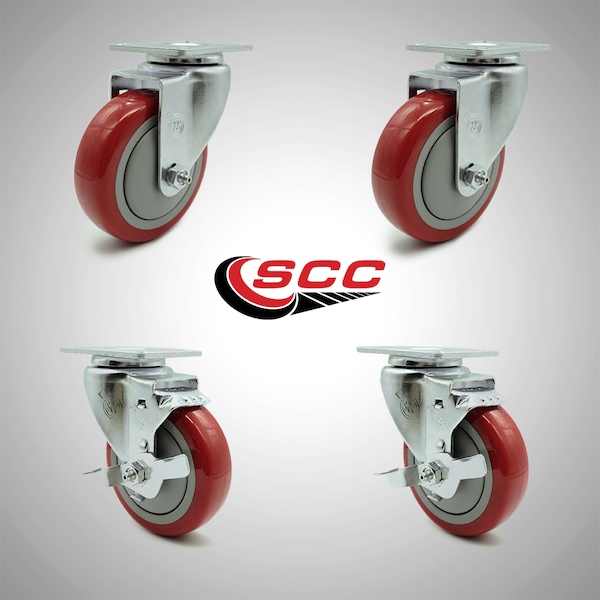 4 Inch SS Red Polyurethane Swivel Top Plate Caster Set with 2 Brakes SCC